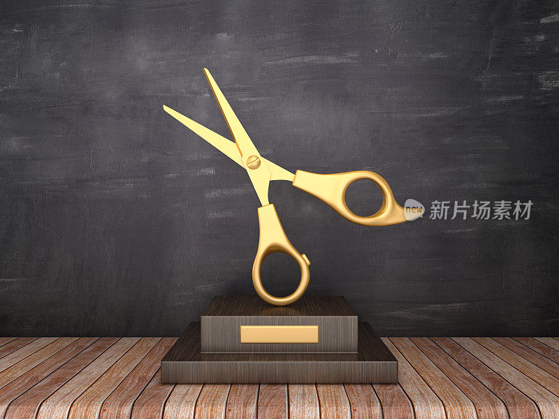 奖杯与剪刀在木地板-黑板背景- 3D渲染